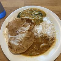 poori, spinach dal, white rice, and sambal  at Annapurna Indian Cuisine in San Diego