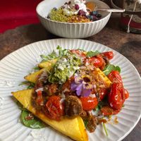 Polenta, Mushroom and cherry tomato + Vegan cheese special of the day + Vegan Bircher was amazing! at Moore & Moore Cafe in Fremantle
