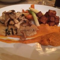 Special of the day: Celeriac and Mushroom Tart with sweet potato puree, potato cubes and roasted baby vegetables. To die for! at Earth and Stars in Brighton