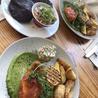 Tofish and chips. & smoked aubergine dip  at Earth and Stars in Brighton