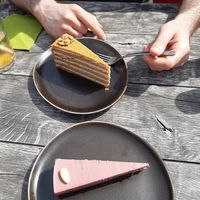 Honey cake and raw cherry cake at Vegan's Prague in Prague