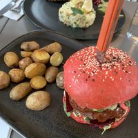Potato salad with bean patties and Bad Santa burger  #Veganuary at Vegan's Prague in Prague