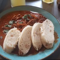 Gulasch mit Knödeln - sehr zu empfehlen! at Vegan's Prague in Prague