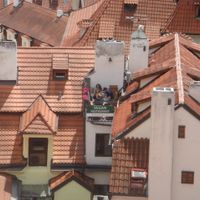A cool view of the restaurant terrace from Prague Castle at Vegan's Prague in Prague