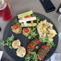 Appetizer mix-plate, raspberry lemonade  at Vegan's Prague in Prague
