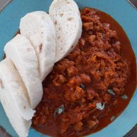 Czech cabbage goulash with soy protein, fresh sage and dumplings at Vegan's Prague in Prague