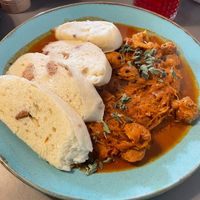Dumplings and cabbage stew  at Vegan's Prague in Prague
