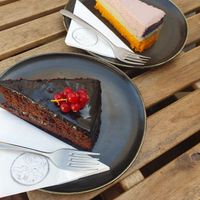 Baked and raw cake at Vegan's Prague in Prague