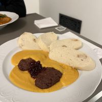 Traditional dumplings with sauce (this had a long name that I can’t spell)  at Vegan's Prague in Prague