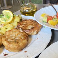 Soy schnitzel done to perfection with yummy potatoes  at Vegan's Prague in Prague