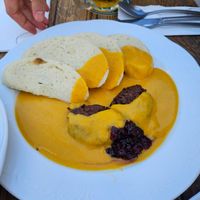 Sirloin sauce with non-beef slice and bun dumpling at Vegan's Prague in Prague