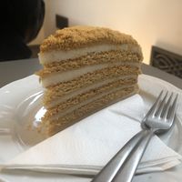 The honey cake is great but I should have had a tea with it!  at Vegan's Prague in Prague
