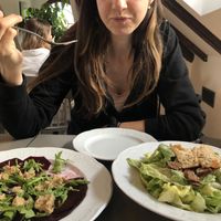 Beetroot slices starter and a Caesar salad were both scrumptious !  at Vegan's Prague in Prague
