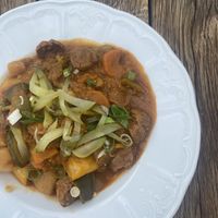 Potato & soy ‘meat’ goulash   at Vegan's Prague in Prague