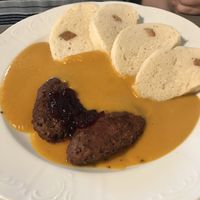 Bread dumplings and beef  at Vegan's Prague in Prague