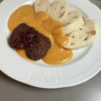 No beef sirloin with dumplings and sauce   at Vegan's Prague in Prague