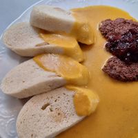 Svickovn sauce with nobeef sirloin and bohemian dumplins at Vegan's Prague in Prague
