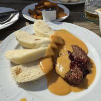Svikova sauce with seitan and dumplings   at Vegan's Prague in Prague