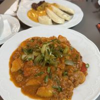 Dumplings (far end) and goulash  at Vegan's Prague in Prague