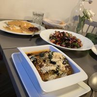 Wonderful salad, lasagne and dumplings with sauce  at Vegan's Prague in Prague