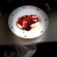 Traditional dessert of plum dumplings!   Yum!!!  at Vegan's Prague in Prague
