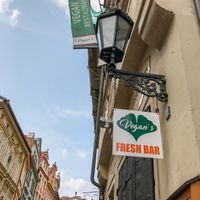 Outside sign - have to walk up a couple flights of narrow stairs to get to the restaurant. at Vegan's Prague in Prague