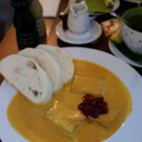 Dumplings with glased tempeh in creamy saucd at Vegan's Prague in Prague