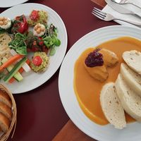 Dumplings and appetiser at Vegan's Prague in Prague