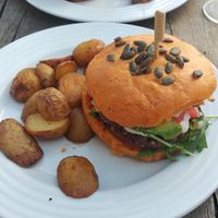 Amazing Rocketman Vegan Pattie with my favourite Portobello mushroom. And the potatoes were also delicious! at Vegan's Prague in Prague