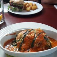 Zucchini lasagne and Warhol Burger at Vegan's Prague in Prague