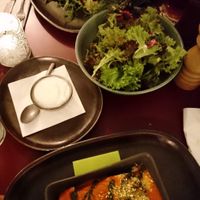 Lasagna, salad and I actually forgot what’s underneath the salad on the far plate, but it was good 😋😋😋 at Vegan's Prague in Prague