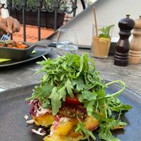 Free bun burger on a potato gratin (gluten-free) SO delicious!!!!!!!! at Vegan's Prague in Prague