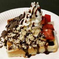 Vegan waffle with frozen yogurt on top at YOMARO in Cologne