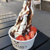 Milk frozen joghurt with warm chocolate sauce and strawberrys at YOMARO in Cologne