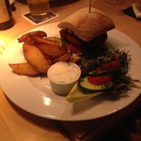 Special of the week: a beet burger with potato wedges and really tasty aioli. I stole a bite and it was yummy! at Steffenhagen in Dresden