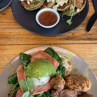 Matcha Pancakes with Mac and cheese and popcorn chicken (top) “Eggs” Benedict with a side of popcorn chicken. at Matcha Mylkbar in St Kilda