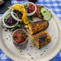 BBQ corn with BBQ beans and a side saladd  at O Forno in Calheta