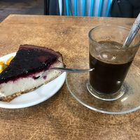 Cheesecake and coffee:) at Village Green in Jerusalem
