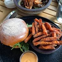 Beyond meat burger, sweet potato fries, chili mayo at Souls in Copenhagen