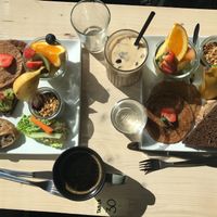The brunch with pancakes, bread, fruit and yoghurt. Alongside an iced coffee and a normal coffee at Souls in Copenhagen