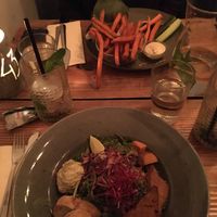 Soul burger with sweet potato fries and a salat with edamame, hummus, tofu, pesto and quinoa! at Souls in Copenhagen