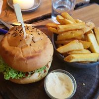 Bacon and cheese burger with normal potato fries at Souls in Copenhagen