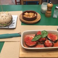 Aubergine in a tomato sauce and hamburger  at Fuori di Zucca in Tenerife