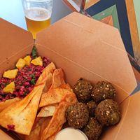 Meal Box with Falafel and tahini dip, tabouleh and pita chips (10,50€) at FalafeLand in Santorini