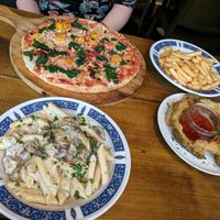 vegan penne al pollo, deep fried avo, vegan blue cheese pizza at Italia Uno in Sheffield