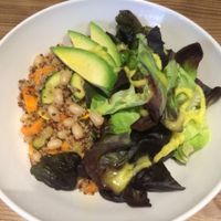 Quinoa with vegetables and beans. Salad with avocado and sour cream at The Beginnings - Kr.Barona Iela in Riga