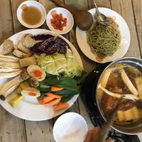 Amazing hot pot with lots of vegan meats and vegan egg at Healthy Farm - Tran Hung Dao District 1 in Ho Chi Minh City