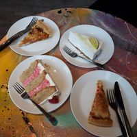 Lemon mousse cake, raspberry cake, smoked carrot quiche and vegan "ham" and bell pepper quiche at Cafe & Bakery Mimosa in Tampere