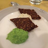 crackers with cashew cheese and green pea soup  at Green-go Kitchen in Sassuolo
