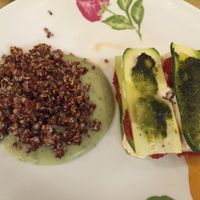 quinoa with potatoes/basil soup and raw zucchini lasagna  at Green-go Kitchen in Sassuolo
